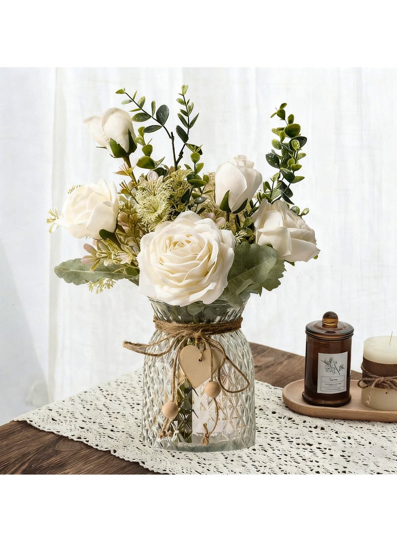 YQbest Artificial Flowers with Vase, Silk Roses Artificial Flowers in Vase, Faux Flower Arrangement with Vase Suitable for Home Office Decoration, Dining Table Centerpiece - Image 4